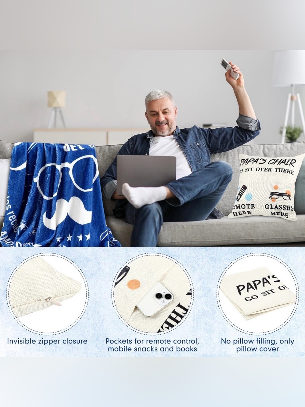 Papa 5‑Piece Gift Set – Pillow Cover, Blanket, Mug, Sleep Mask & Card | New - Picture 3 of 6